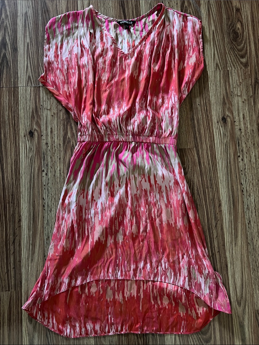 Express Pink & White Abstract V-Neck High-Low Dress